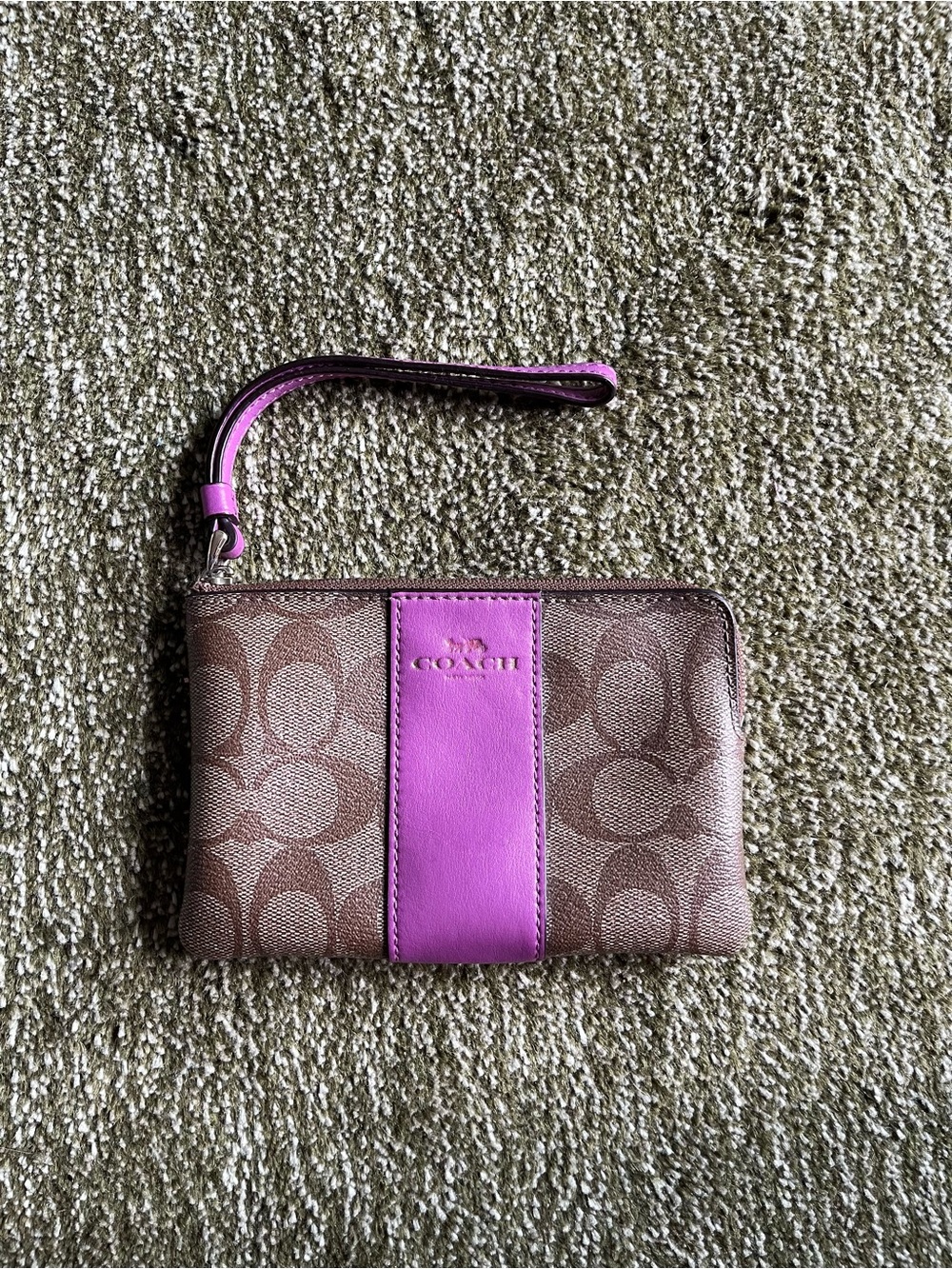 Coach Brown Signature Wristlet with Bright Purple Center Panel